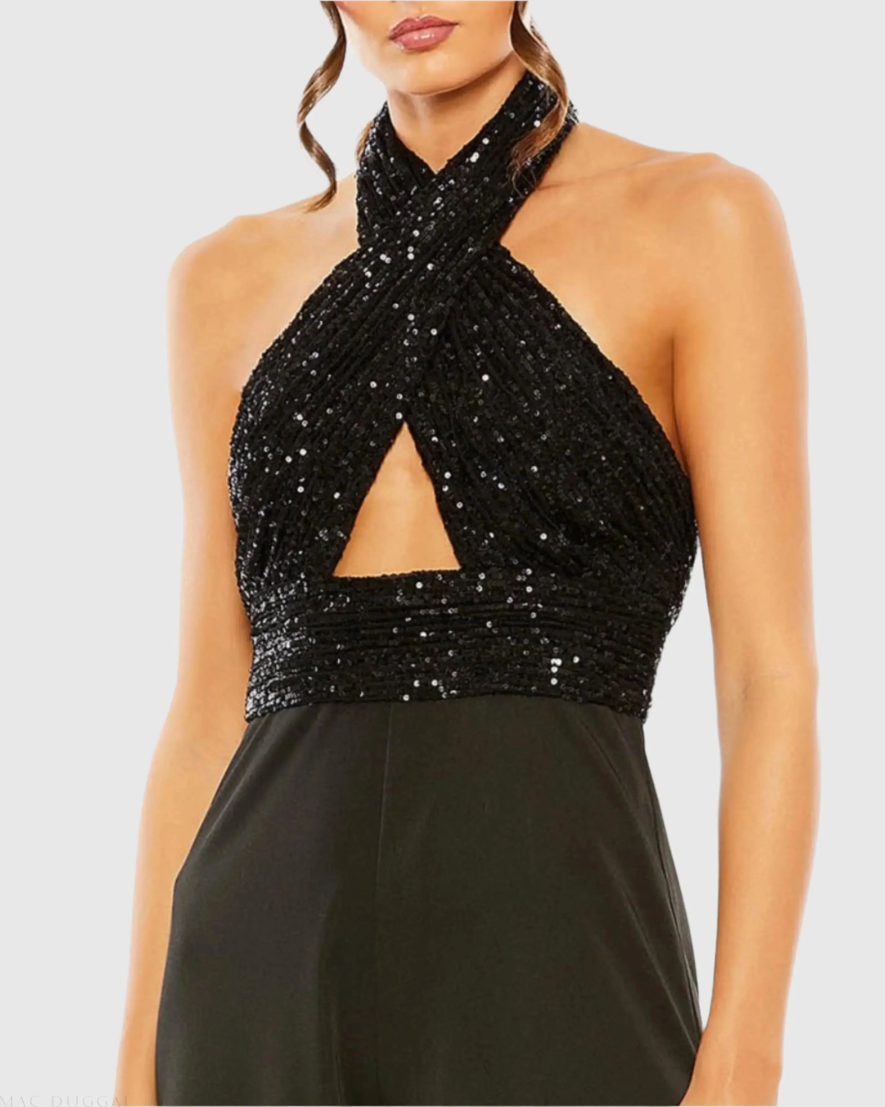 Black Sequined Cross Neck Halter Jumpsuit