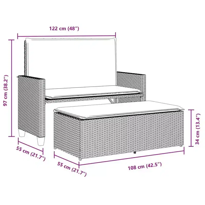 vidaXL Patio Bench with Cushions and Footstool Brown Poly Rattan