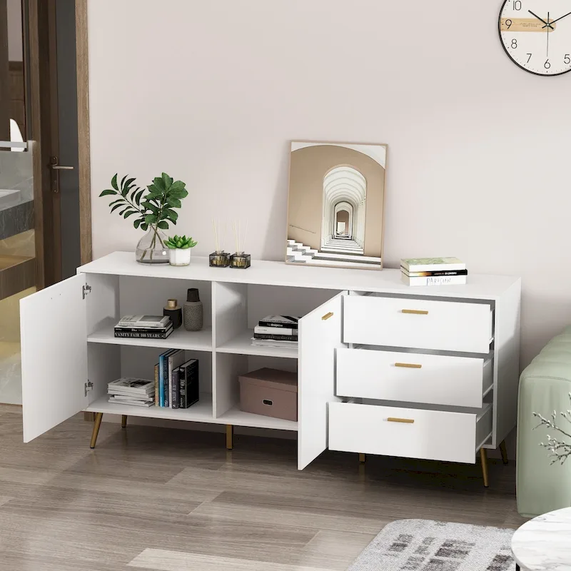 Timechee Sideboards Buffets w/ Storage Cabinet Drawers, Espresso/ White - 69L