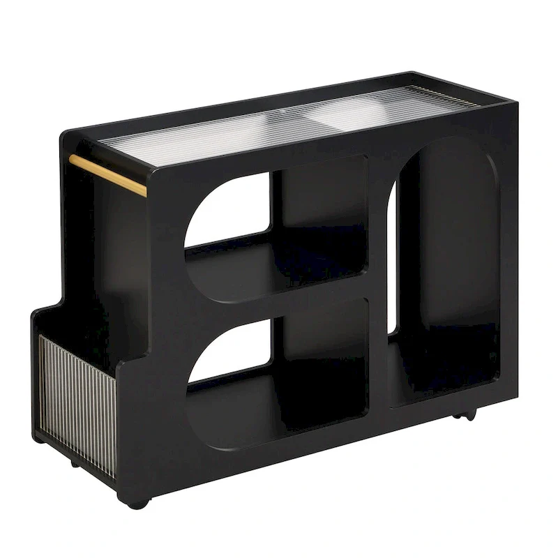 31.5  Modern Mobile End Table with 5mm Thick Fluted Tempered Glass, Lockable Wheels and Golden Round Rod