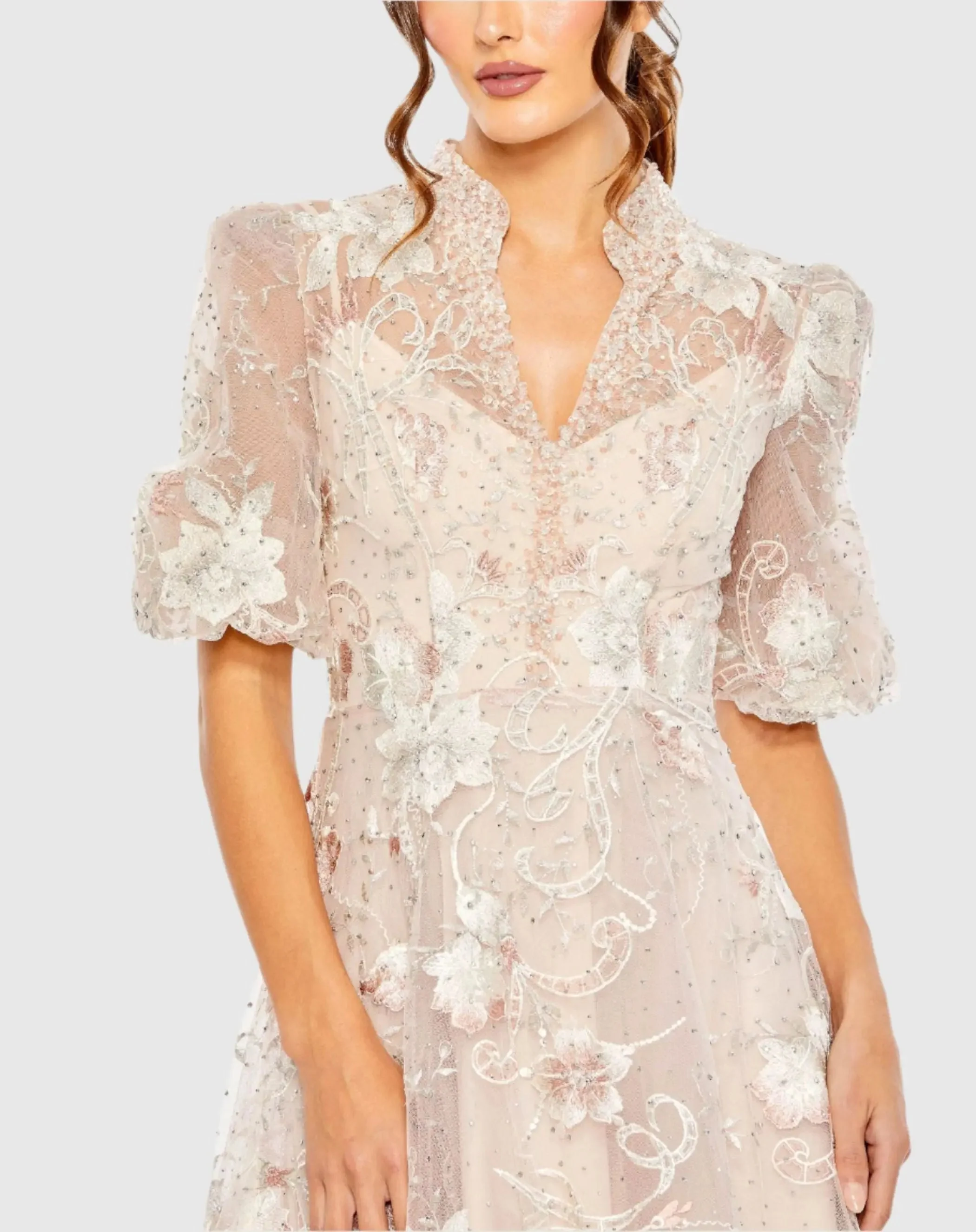 Pink Queen Anne Puff Sleeve A-Line Gown