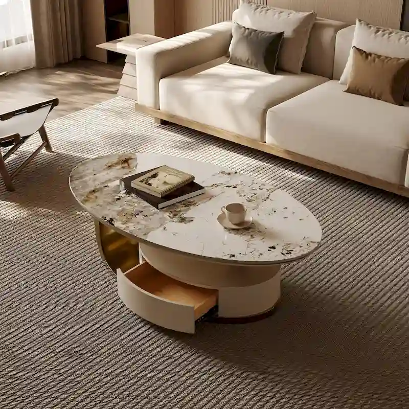 51 Modern Oval Coffee Table, Sintered Stone Top, Gold legs, Drawer - 51.2 X 27.5