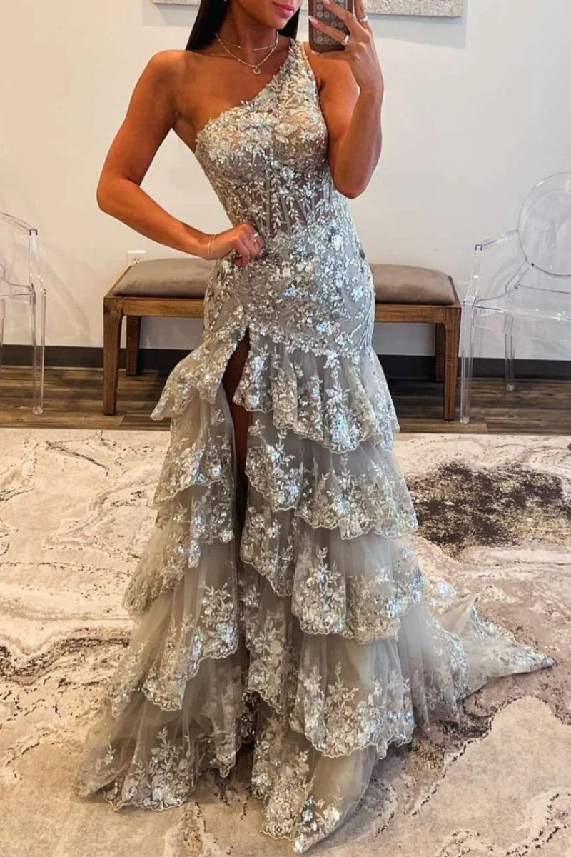 Sheath One Shoulder Tiered Lace Long Prom Dress