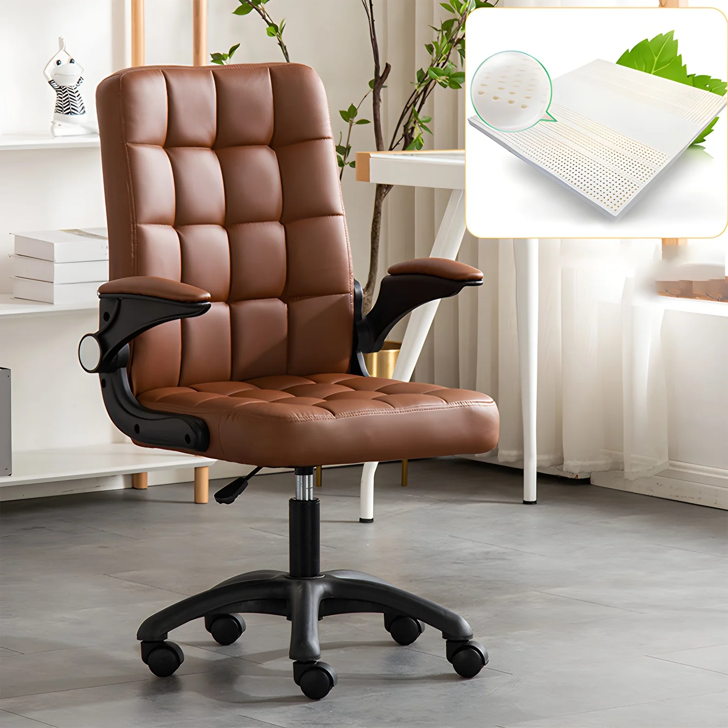 Tufted Brown Faux Leather Adjustable Swivel Office Chair