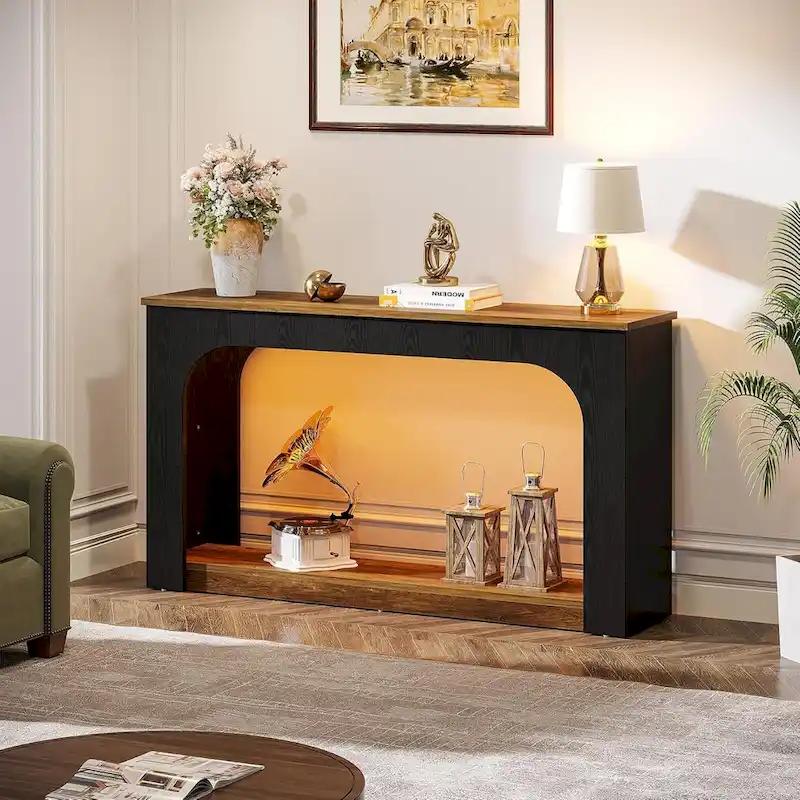 55 Inches Console Sofa Table Wood Entryway Table with LED Lights