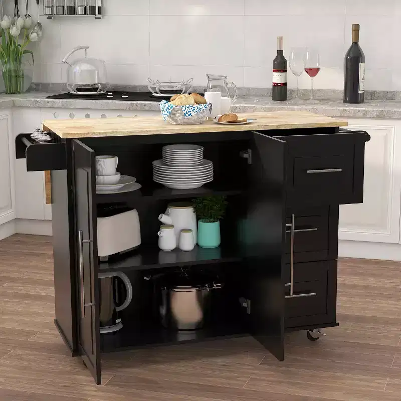 MAYEERTY Black Kitchen Island, Extensible Solid Wood Top Spice Rack Towel Rack