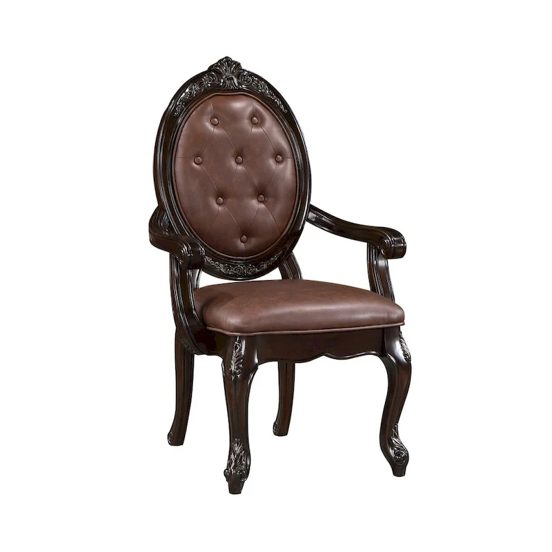 Cran 24 Inch Dining Armchair, Carved Details, Faux Leather Seat, Brown