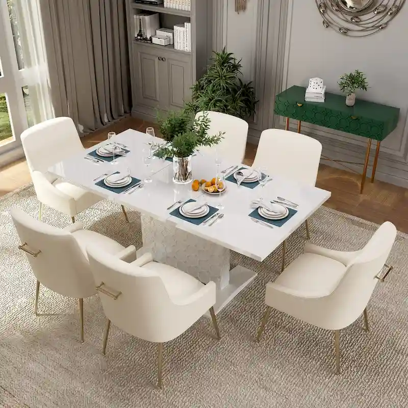 7-Piece Clihome High-gloss Extendable Table Velvet Chair Dining Set
