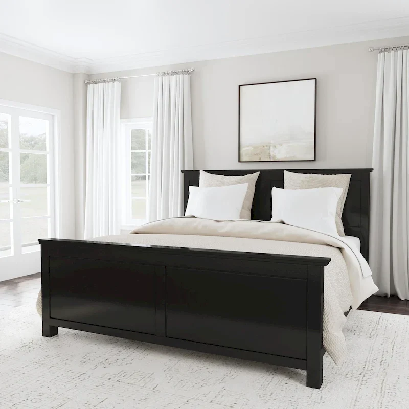 Black Panel Bed, Solid Wood, King, 2-Person