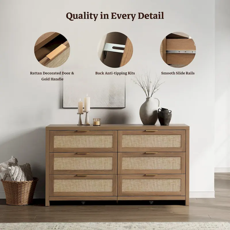 Set of 2 Elegant Right Angled Dresser with 6 Rattan Woven Drawers