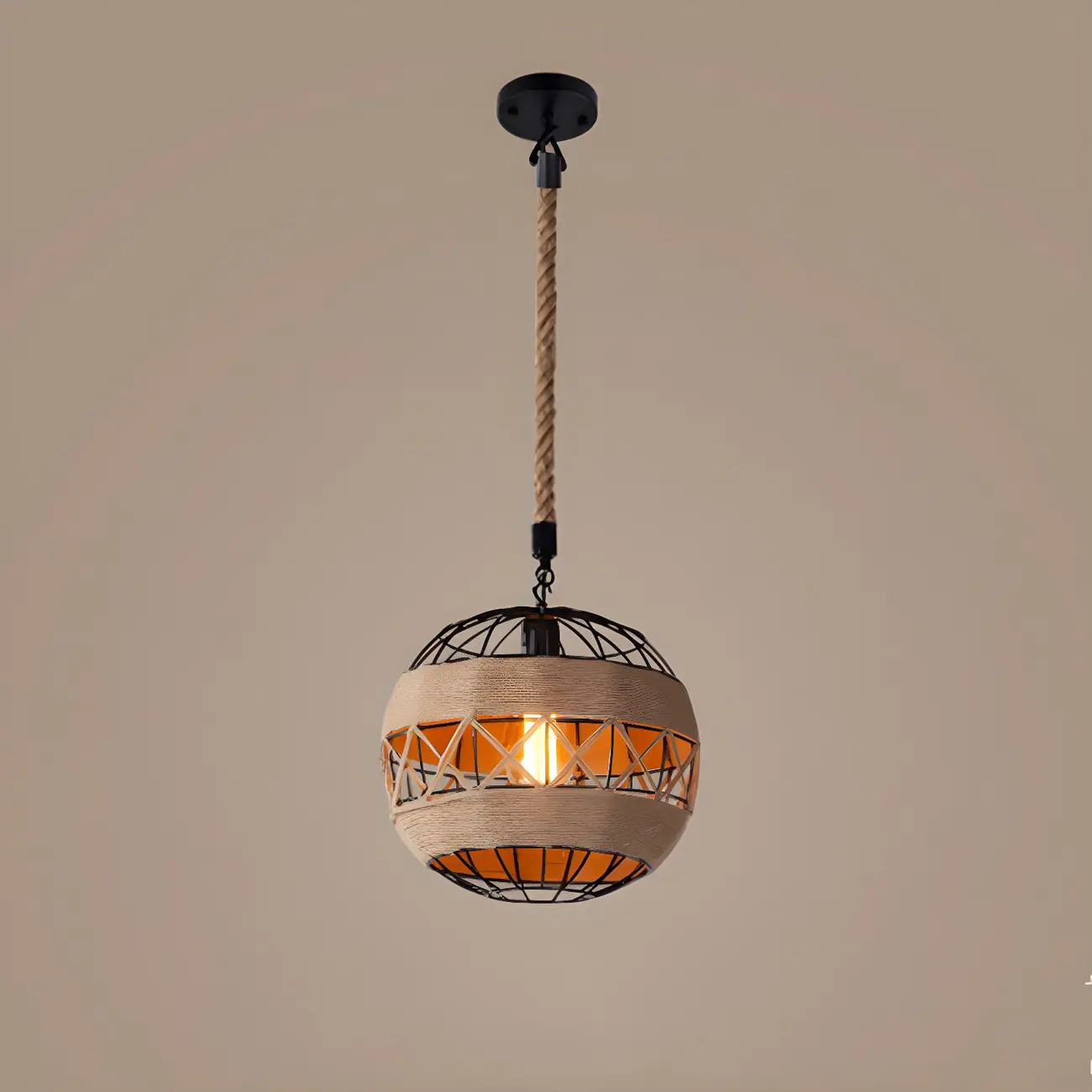 Industrial Rattan Black Metal Hemp Rope Pendant Light