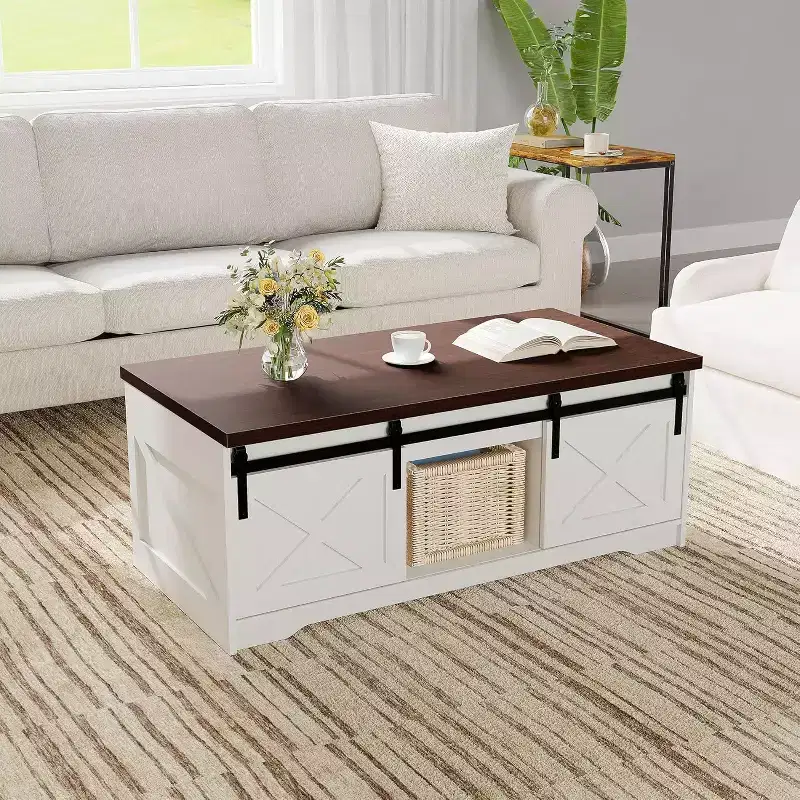 Farmhouse Lift Top Coffee Table with Hydraulic Height Adjustment  Multifunctional Adjustable End Table Featuring Hidden Storage Compartment