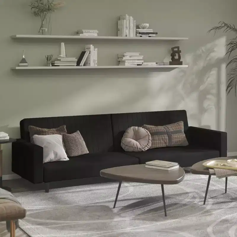 vidaXL Black Velvet 2-Seater Sleeper Sofa - Convertible Loveseat/Daybed for Living Room, Studio, Apartment