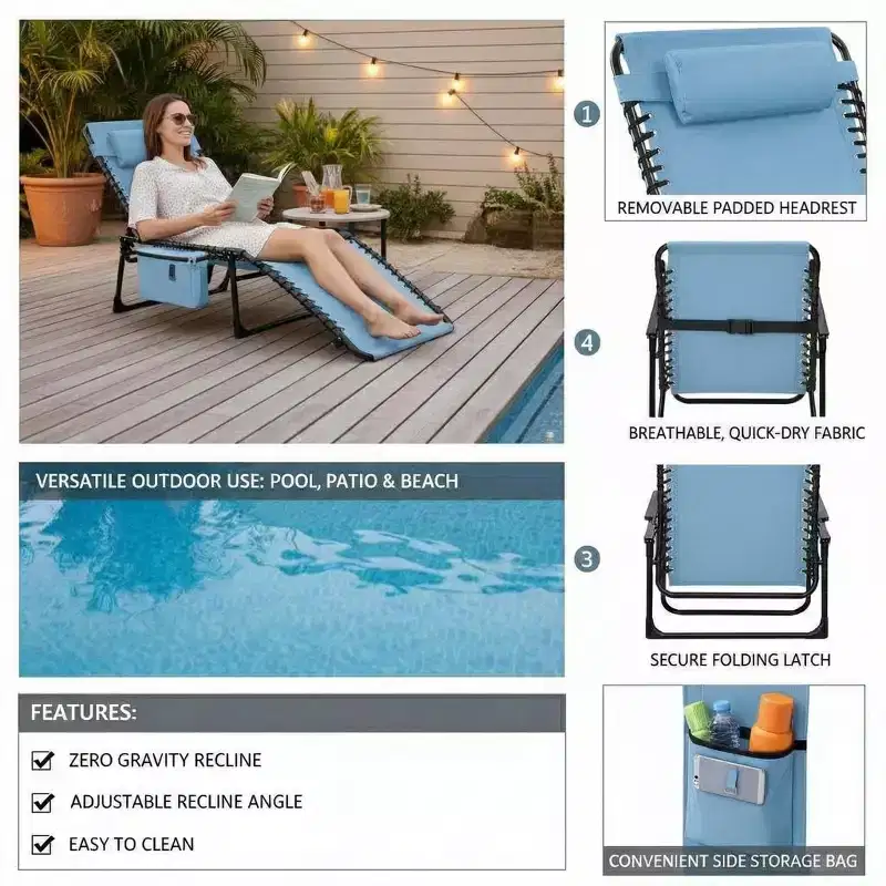 Folding Beach Chair with Face Opening, Pillow and Side Pockets, 5-Position Adjustable Backrest, Suitable for Backyards, Poolside, Beaches and Patios