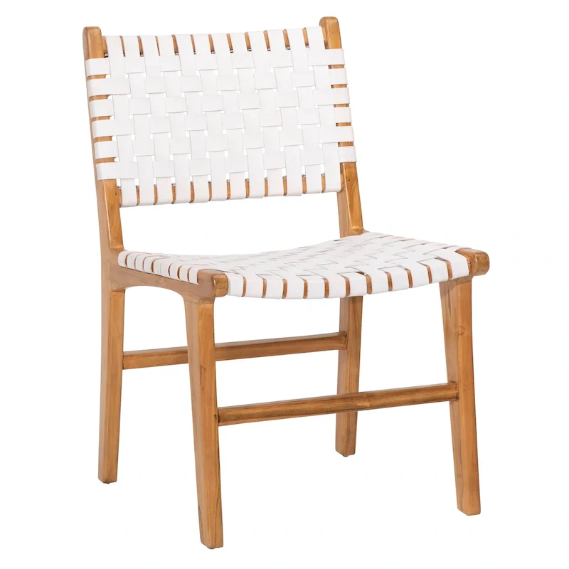 Woven Leather Teak Frame Dining Side Chair