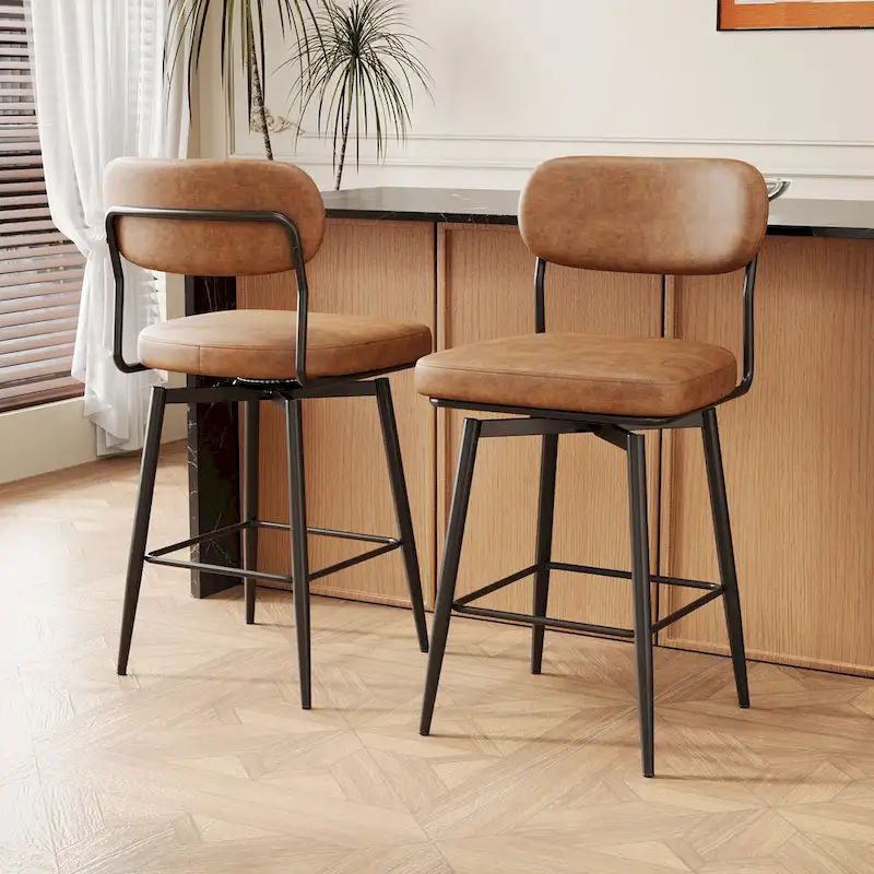 Leather Swivel Bar Stools with Iron Base - Set of 2