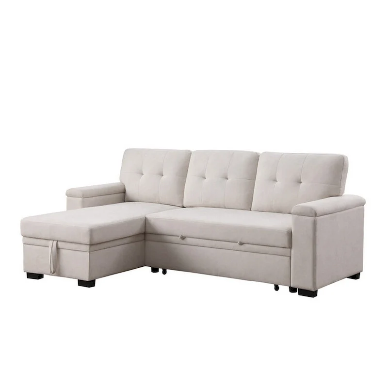 Lusy 85 Inch Reversible Sleeper Sectional Sofa with Storage Chaise, Beige