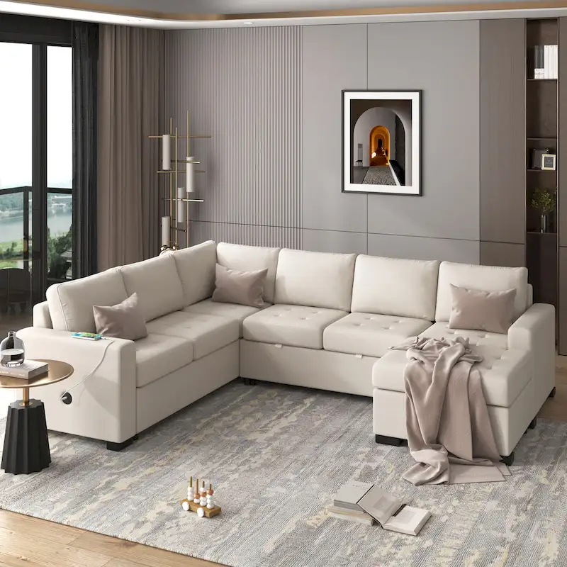 U_Style Sectional Sleeper Sofa with Pull-out Bed and Lounge Chair, USB and Type-C Interfaces, Suitable for Living Room, Office,