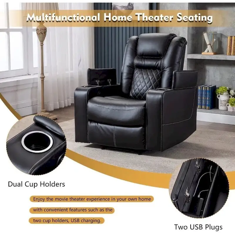 Black / Brown Electric Power Recliner Chair with Cup Holders & USB Ports – Home Theater Style, 1 Person Use