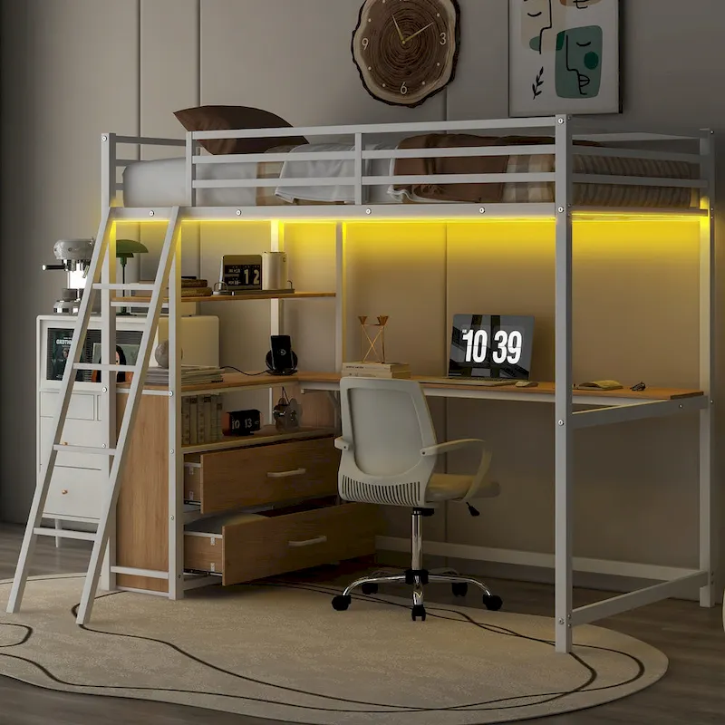 Twin Size Metal&Wood Loft Bed with Desk and Shelves, Two Built-in Drawers, LED Light and USB Charging Station