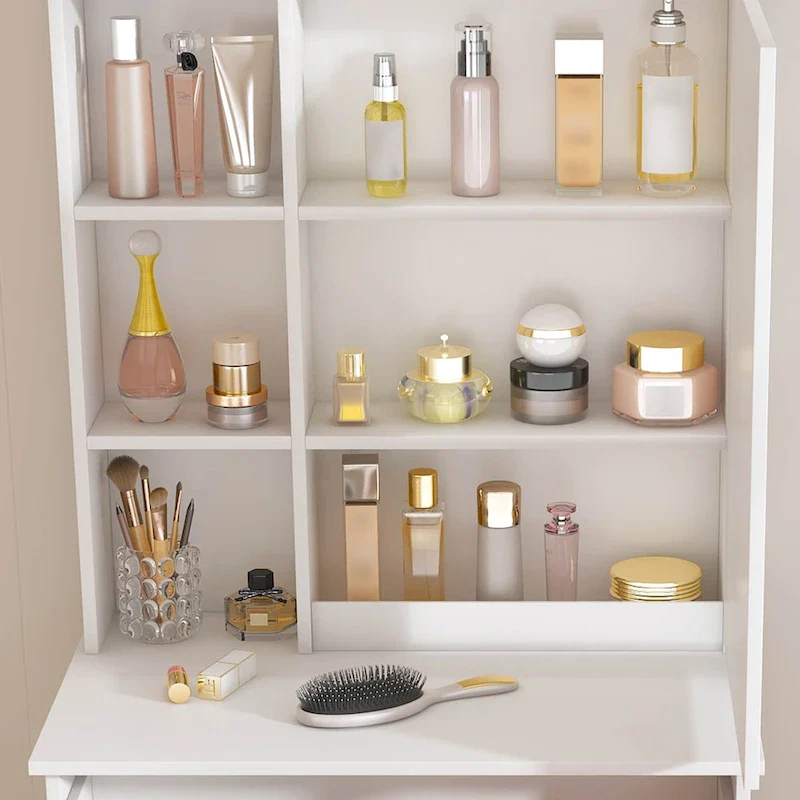 Modern Mini Dressing Table with LED-lit Mirror & Hidden Storage