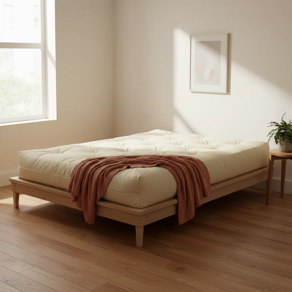 Natural White Wool Fiber Futon Mattress with Cotton Cover – 1-Person, 8 in