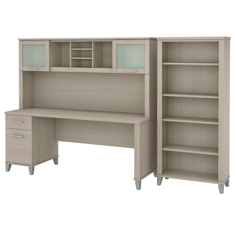 Somerset 72W Office Desk with Hutch and 5 Shelf Bookcase in Ash Gray