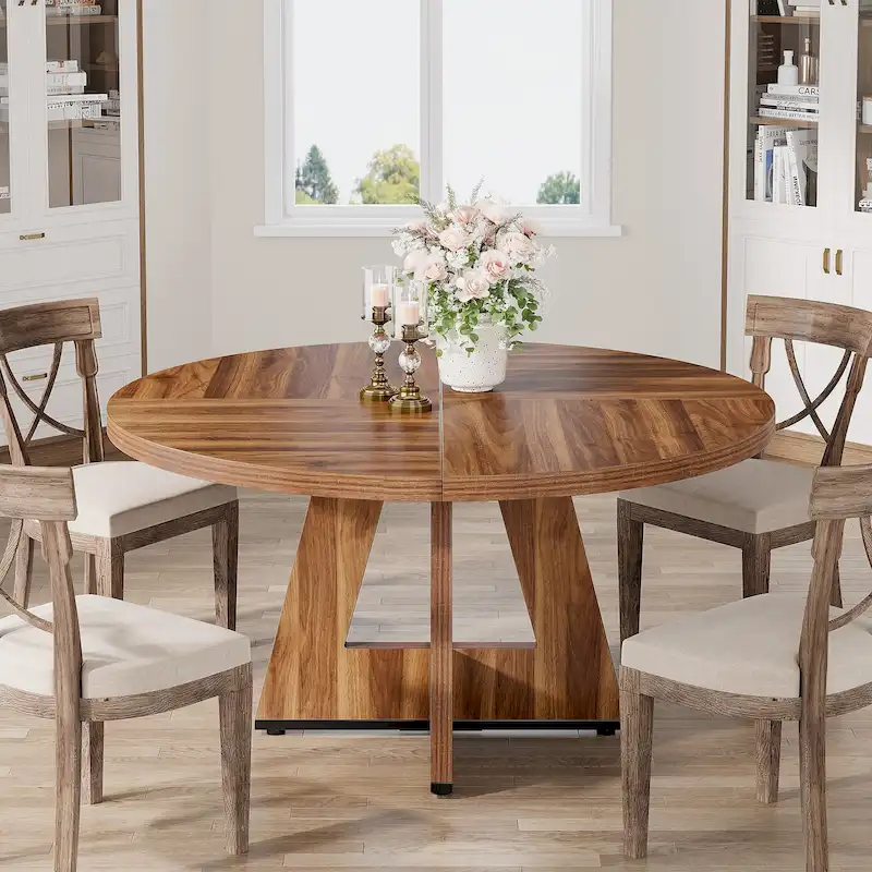 Round Dining Table for 4, 47 Inch Farmhouse Kitchen Table Small Dinner Table