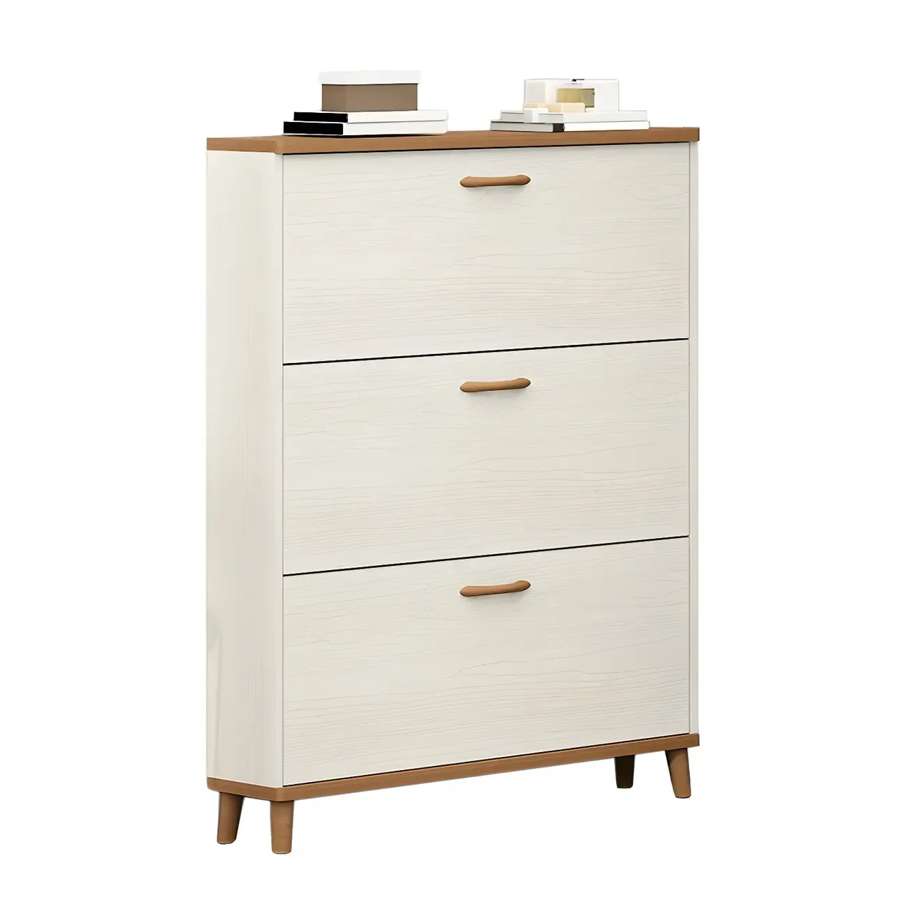 Narrow Beige Solid Wood Drop Front Shoe Cabinet