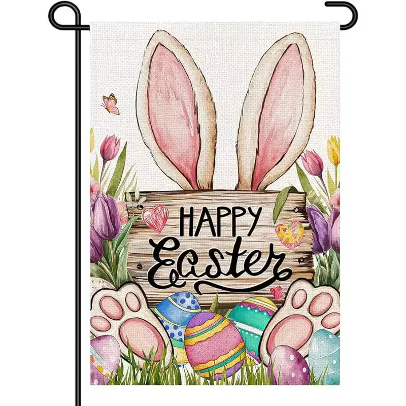 Lomsoe Easter Garden Flag Bunny Happy Easter Sign Cute Egg & Flowers Yard Flag Farmhouse Holiday Outdoor Decor Easter Gift Easter Decor 12x18Inch