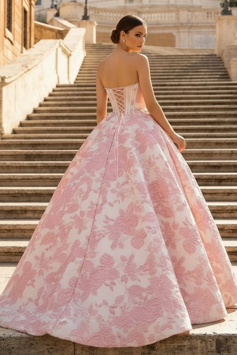 Pink - A Line Strapless Jacquard Long Prom Dresses