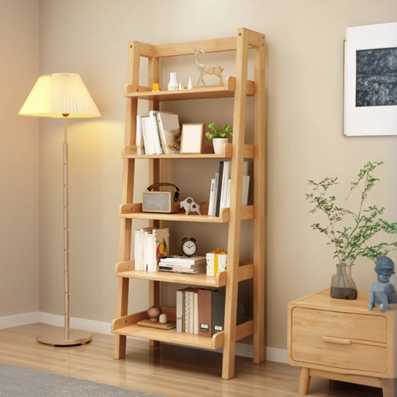 Scandinavian Rectangle Wood 5-Tier Ladder Bookcase