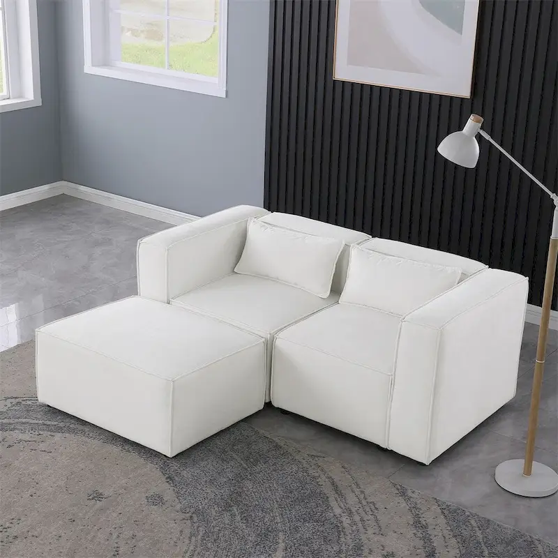 Chenille Fabric Sofa with Legs and Ottoman