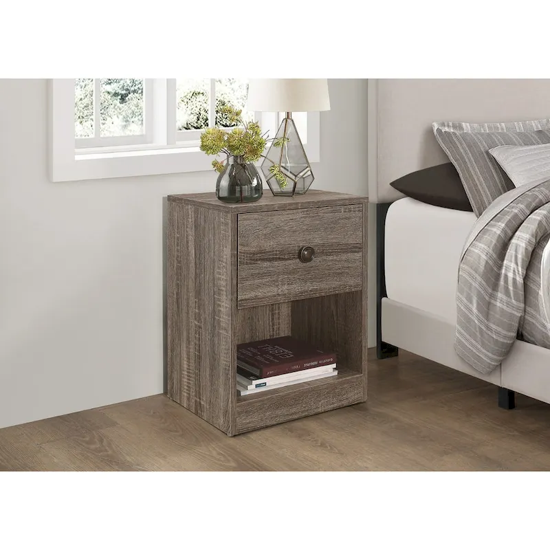 Nightstand with Drawer & Open Shelf, Light Oak / Grey, Single