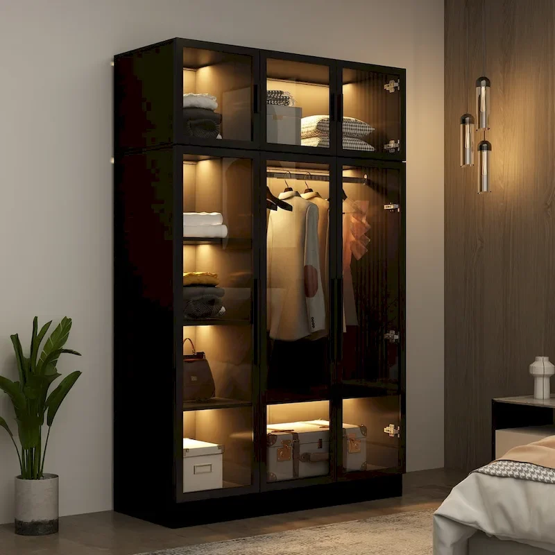 Glass Door Wardrobe Armoire Storage Closet with Light Display Cabinet