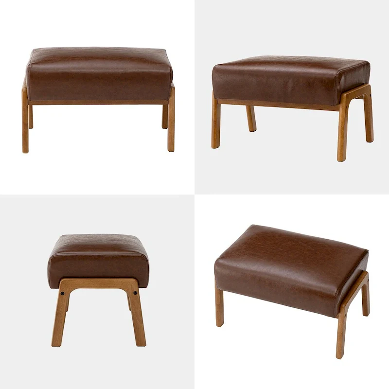 Brown Mid-Century Faux Leather Ottoman Accent Stool, Set of 2