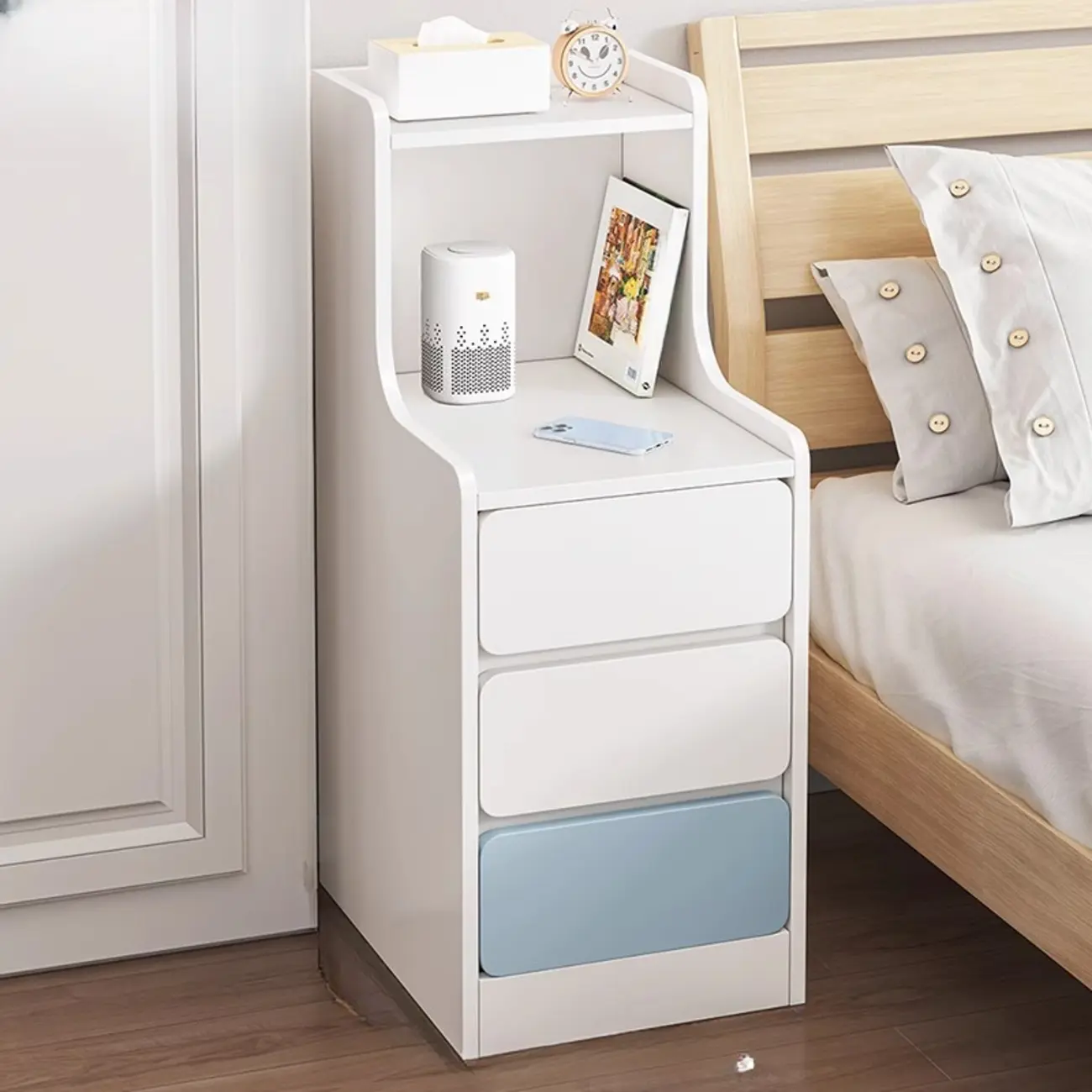 Modern Bedside Table with Drawers - White Nightstand