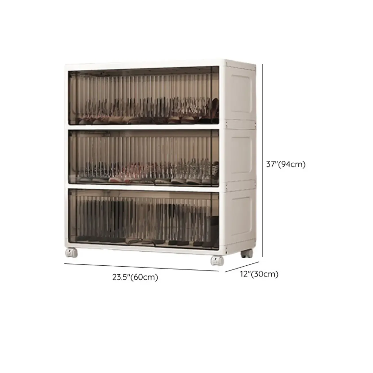 Hallway White Plastic Drop-Front Shoe Cabinet with Casters
