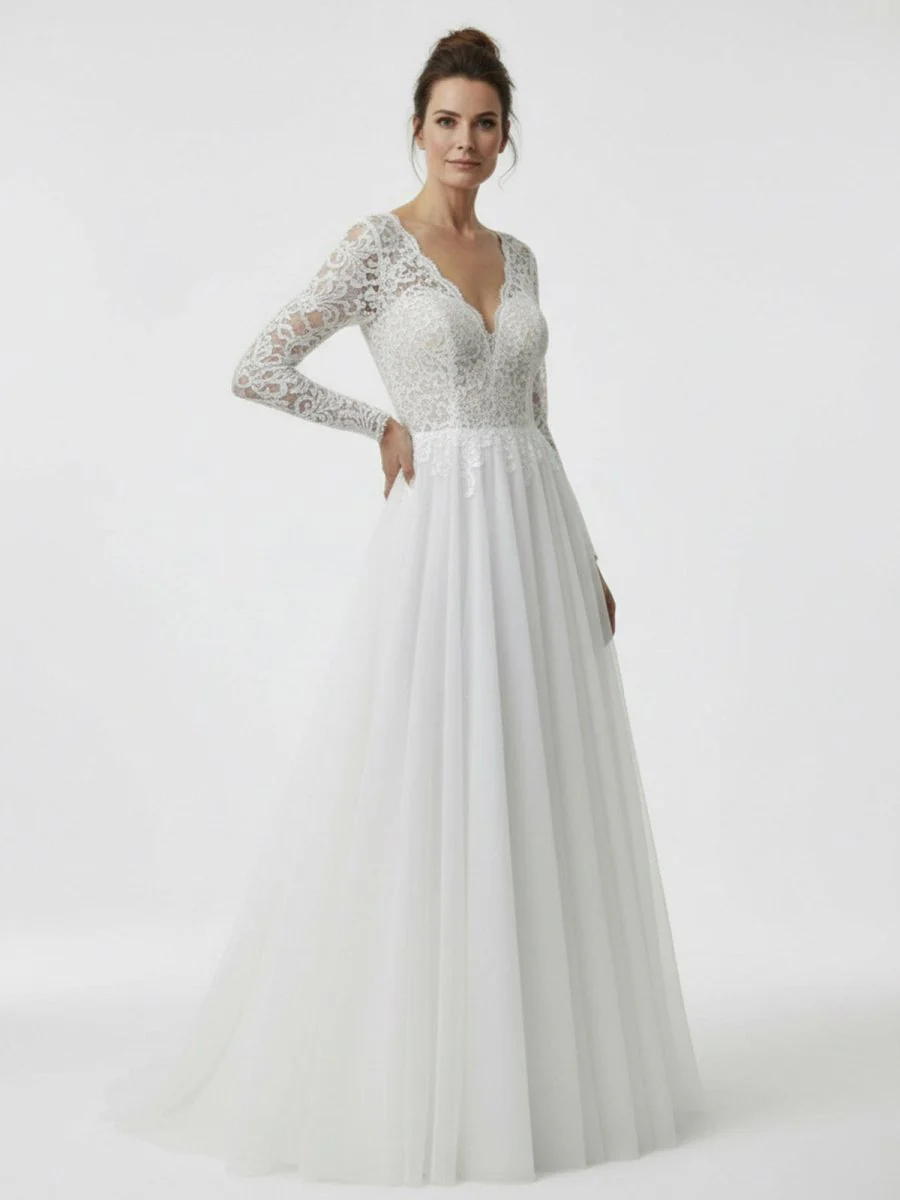 Bohemian Long Sleeves Lace Button Back A Line Modest Wedding Dresses