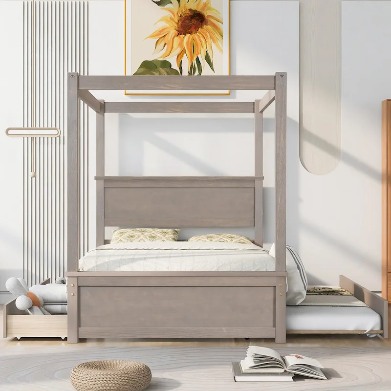 Full Size Wood Canopy Bed with Trundle, Drawers, and Support Slats