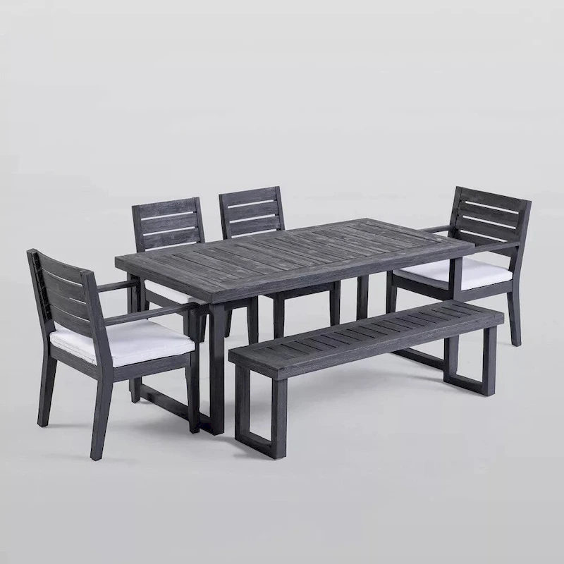 6 Piece Patio Furniture Set, Acacia Wood Outdoor Table and Chair Set with Rectangular Table, 4 Chairs and 1 Bench