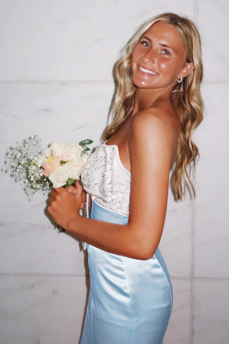 Pink Mermaid Satin Strapless Long Prom Dresses with Beaded Bow