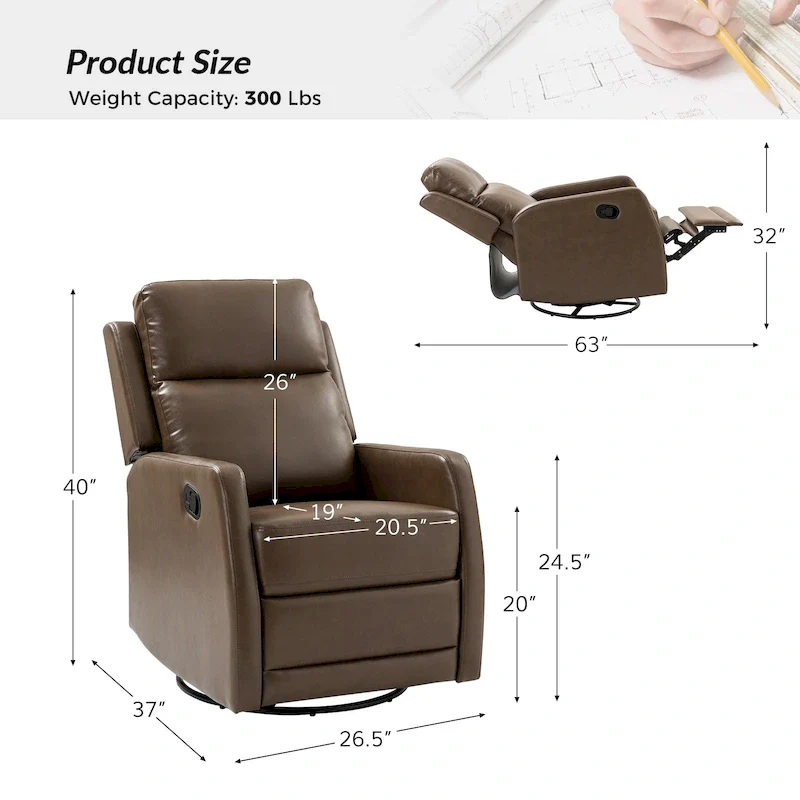 Modern Faux Leather Manual Rocking Swivel Recliner with Wingback