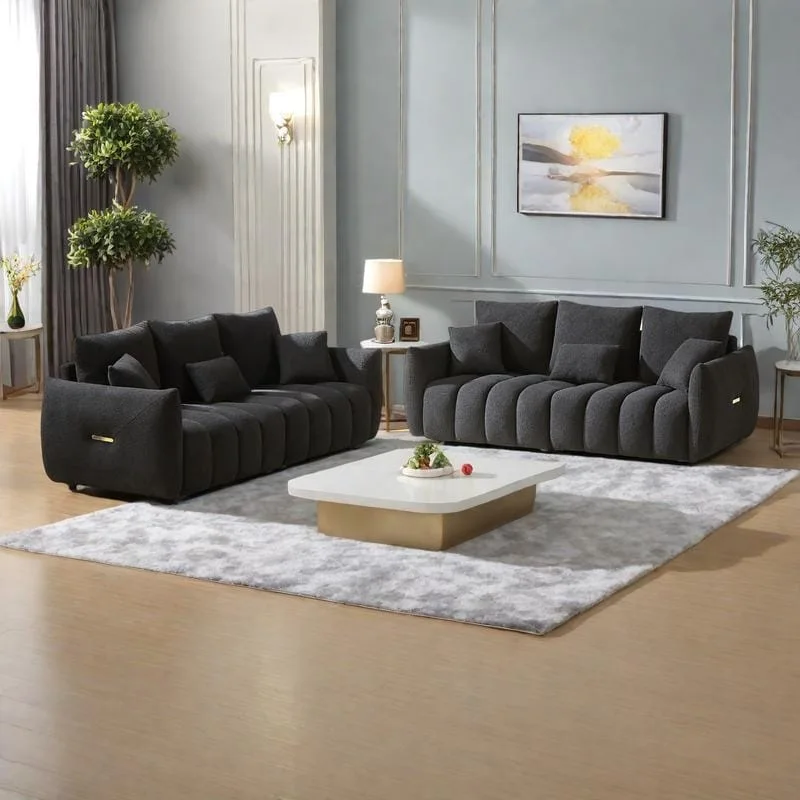 2-Pieces 6-Seat Teddy Fabric Sectional Sofa Set (3+3) with Wooden Frame & 6 Pillows