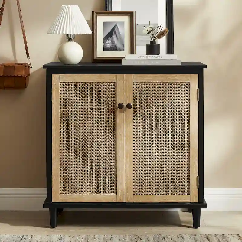 Natural Bamboo / Walnut Woven Rattan Accent Cabinet with Sliding or Standard Doors – Single Unit
