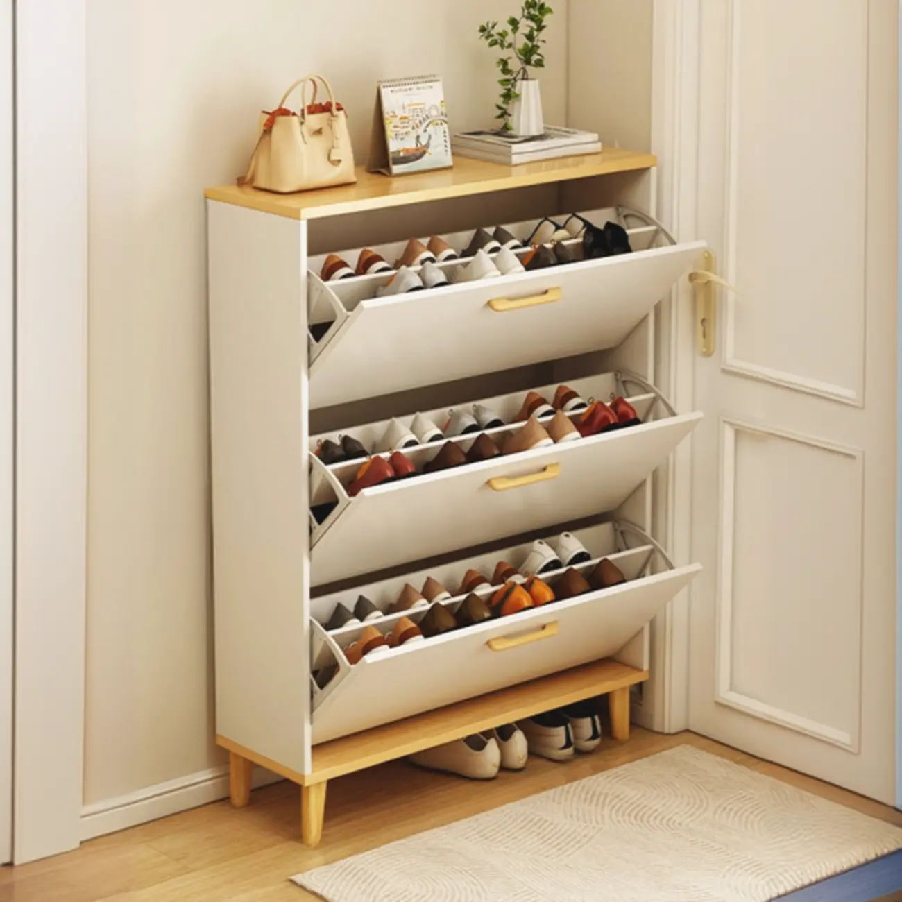 Entryway Modern Wood Shoe Cabinet with Flip-Out Drawer