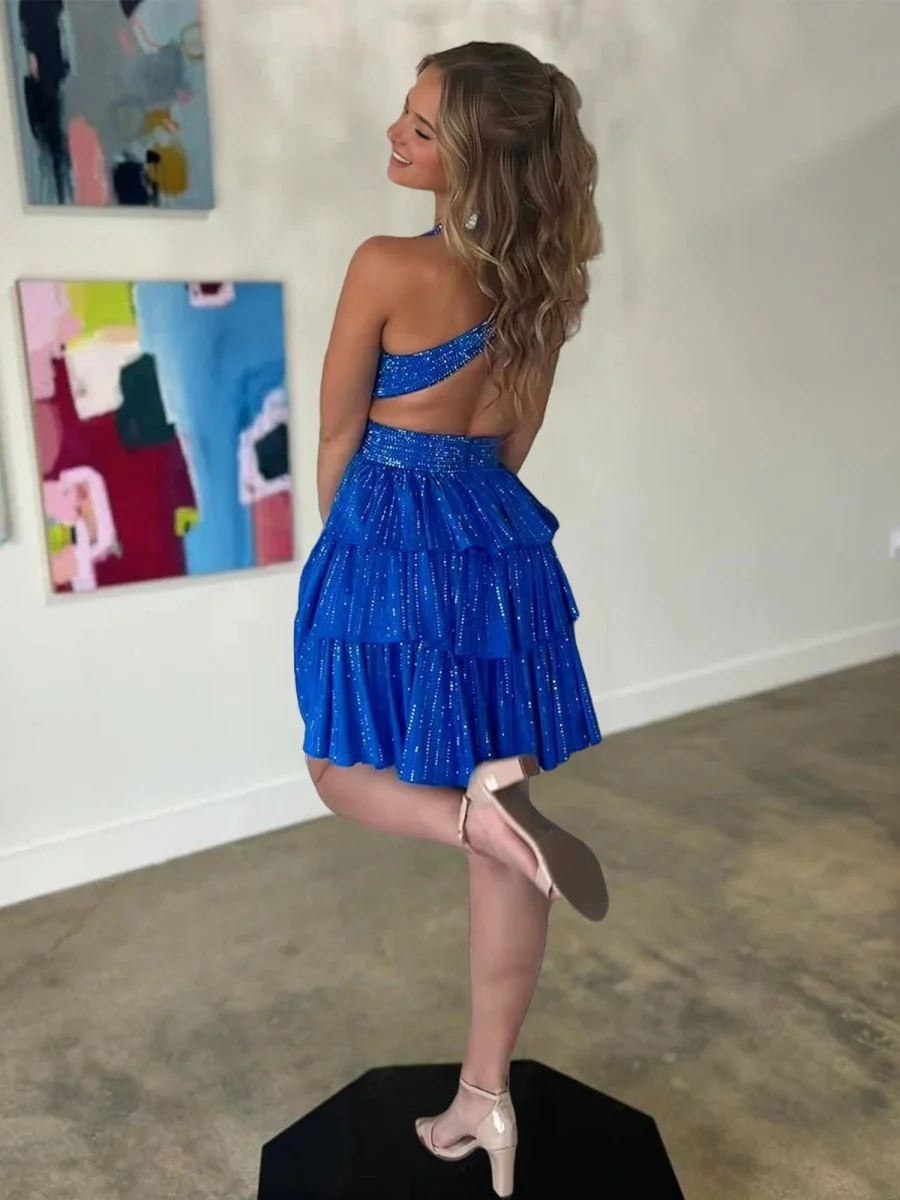 Royal Blue - V Neck A Line Cutout Satin Tiered Homecoming Dress With Beading