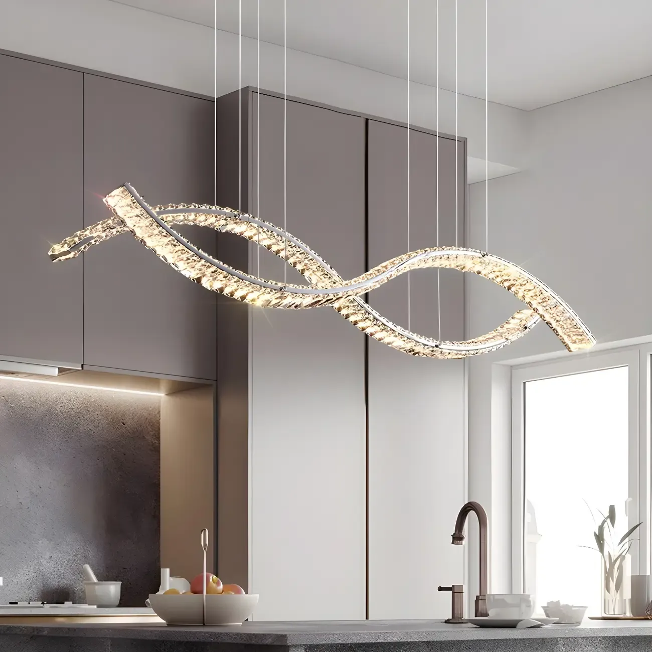 Dimmable LED Wavy Crystal Island Pendant Light for Kitchen