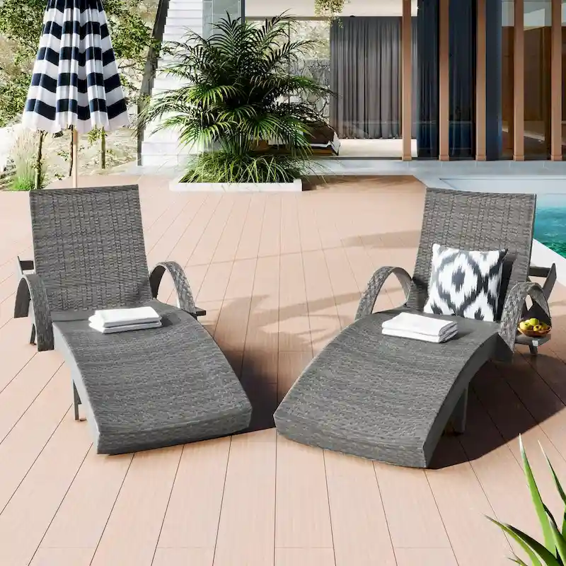 80 Wicker Chaise Lounge Chairs Set of 2,Patio Rattan Reclining Chair Pull-out Side Table Adjustable Backrest Ergonomic