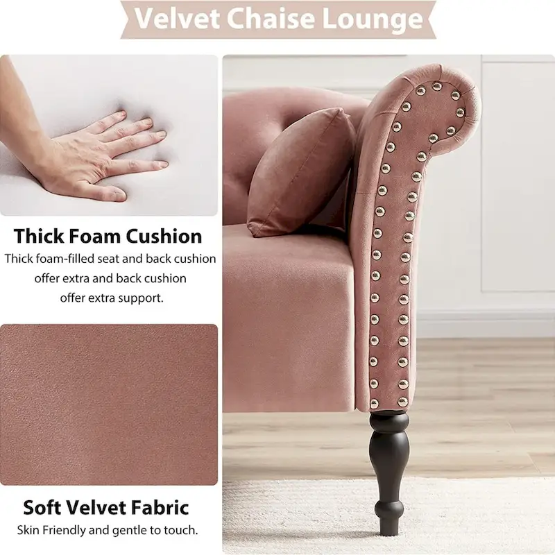 61 Velvet Chaise Lounge Chair with 1 Pillow and Nailhead Trimmed